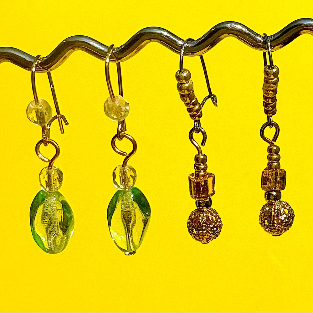 Earrings Pierced Handcrafted Unique Design Aqua Crystal Glass&Gold Filigree+Gold
